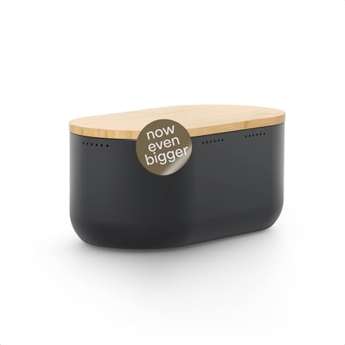 LARS NYSØM Brotkasten aus Metall - Brotkasten mit Schneidebrett - Brotkorb | 34x19,5x13,5cm - Ovale Brotbox mit Deckel aus Bambus - Hält Brot lange frisch - Mit Schneidebrett und rutschfesten Noppen