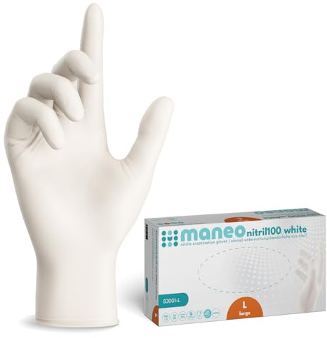 maneo 200x Einweghandschuhe Weiß, Nitril Handschuhe puderfrei L | Einmalhandschuhe, Handschuhe Einweg, latexfreie Gummihandschuhe, Nitrilhandschuhe, Putz-, Koch- & Haushalts-Handschuhe