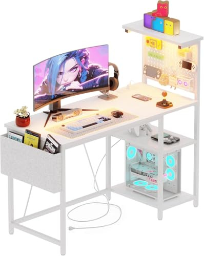 Xyphren Bureau Gaming 120 x 50 cm avec Panneau perforé, Prise de Courant et éclairage LED, Petit Bureau d'ordinateur avec étagères réversibles pour Bureau d'angle à Domicile, Blanc