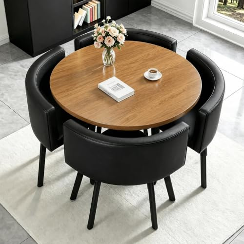 AMZSEW Essgruppe 5-Teilig, Küchenstühle Runder Esstisch und 4 Kunstleder Esszimmerstühle, Küchentisch esszimmertisch 80 cm, für 4-6 Personen, für Esszimmer, Küche, Wohnzimmer, Modern (Walnut)