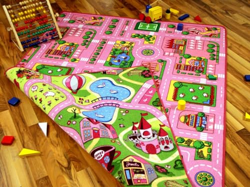 Lernen und Spielen Straßenteppich Beidseitig mit Zwei Straßenlandschaften Girls Rosa in 4 Größen