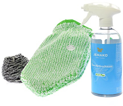 Jemako Set aus Reinigungshandschuh und Glasaktivschaum inkl. Edelstahlspirale (500 ml)