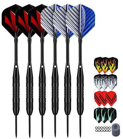 LARRITS 6 Stück 23 Gramm Steel Dartpfeile Set Dart Pfeile mit metallspitze schwarzen Aluminium Shaft, gehören 18 Stück Flights 6 Stück Gummi O-Ringe 1 Stück Dartspitzer 1 Stück Aufbewahrungsbox(23g)