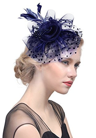 Coiffure Bibi Mariée Élégante Voile de Mariage Courte en Maille avec Pince à Cheveux Acccesoires Bibi Voile Plume Voilette Fascinants Chapeaux de Mariage avec Plumes et Pince à Cheveux (Bleu foncé 1)