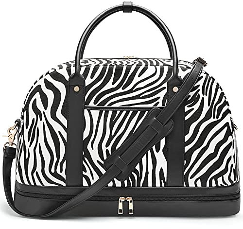 Weekender Tasche für Frauen aus Segeltuch, Übernachtungstasche, große Reisetasche, Handgepäck-Schultertasche, perfekt für Reisen/täglichen Gebrauch/Geburtstagsgeschenk, Schwarz/Zebramuster