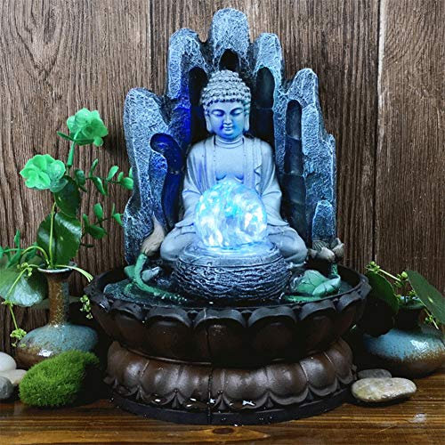 Bouddha de table cascade fontaine Fengshui méditation relaxante décoration d'intérieur, Fontaine Zen Fontaine Bouddha Assis, Kit cascade avec lumière LED à pompe pour décor de bureau à domicile(EU)