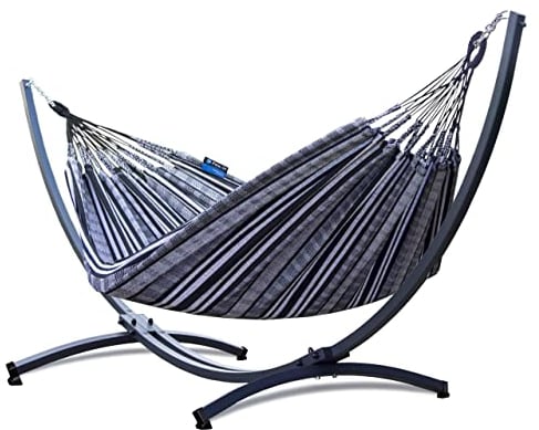 Potenza Outdoor Hängematte mit Verzinkter Gestell für 2 Personen I 100% Baumwolle Pereira Doppelhängematte 230x160 cm, 200kg I Hängemattengestell 220kg, wetterfest (Zebra, Basic Gestell Graphit)