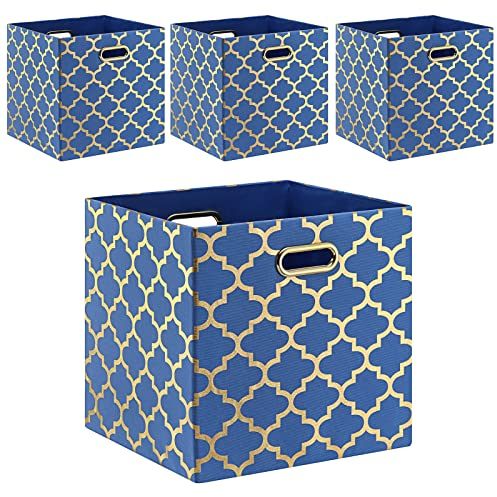 Fboxac Würfel-Aufbewahrungskörbe, 13x13 cm, Polyester, faltbar, mit Griffen, zusammenklappbar, Organisationskorb, Set mit 4 großen Schubladen für Schrank, Regal, Schrank, Bücherregal, Blau,Gold