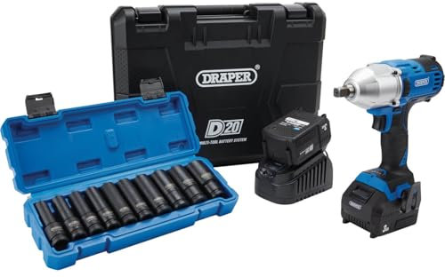 Draper 04791 D20 20V Brushless Mid-Torque Impact Wrench Kit, 1/2 & Metric Deep Impact Socket Set (10 Piece)