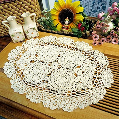 FIYSON 2 Stück Handgehäkelte Doilies,Oval Handgehäkelte Doilies 30 * 45cm Handarbeit Geklöppelt Spitzendeckchen Baumwolle Placemat Blume Matte, Häkeldeckchen Tischdecke Für Partydekoration (Beige)
