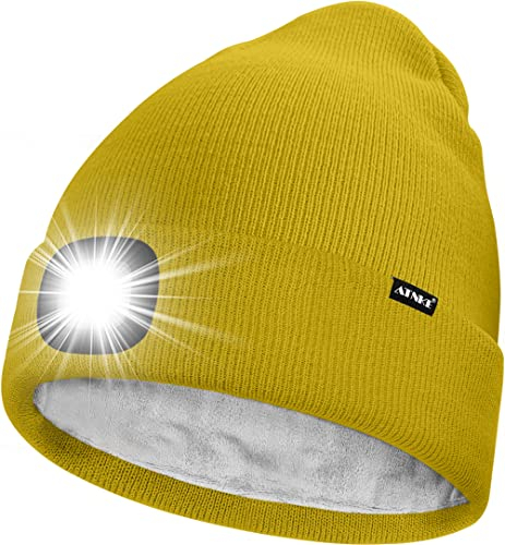 ATNKE LED Mütze mit Licht,Wiederaufladbare USB 4 LED Beleuchtete Laufmütze Extrem Heller Lampe Winter Warme Gefüttertes Fleece Stricken Mütze für Herren und Damen Geschenke/Yellow