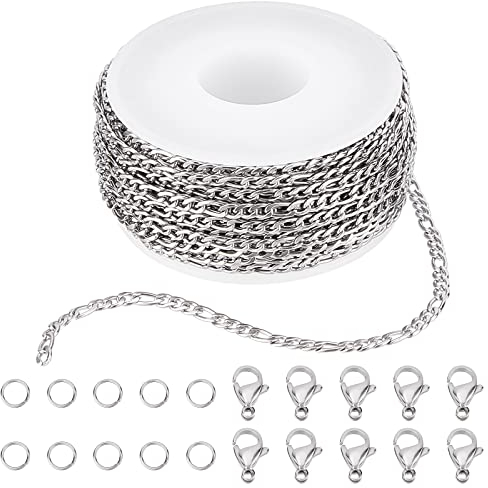 SUNNYCLUE DIY 10 m 32.8 Fuß 3mm Rolle Figaroketten Silberkette Silber Halskette 304 Edelstahlkabel Lange Handwerksgliederkette Masse Für Schmuckherstellungssets Halsketten Armbänder Bastelbedarf