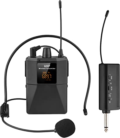 ERYUE Auriculares con micrófono inalámbrico,Auriculares con micrófono inalámbrico UHF con transmisor y receptor, transmisor de petaca con pantalla digital LED, micrófono con auriculares para enseñar a