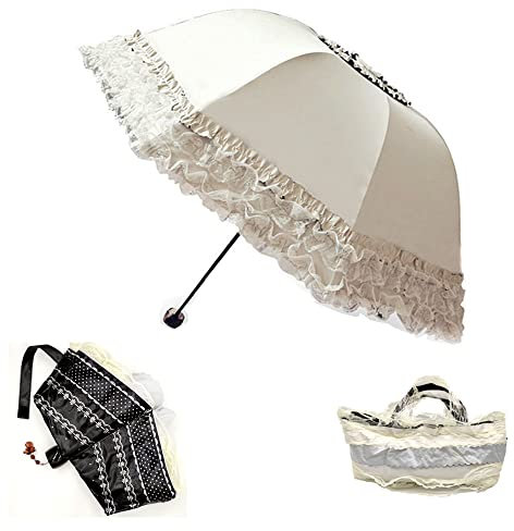 WANLIAN Parasol de las señoras del parasol del cordón de la princesa del paraguas del viaje de la protección UV lluvia, nieve, plegable(Blanco)