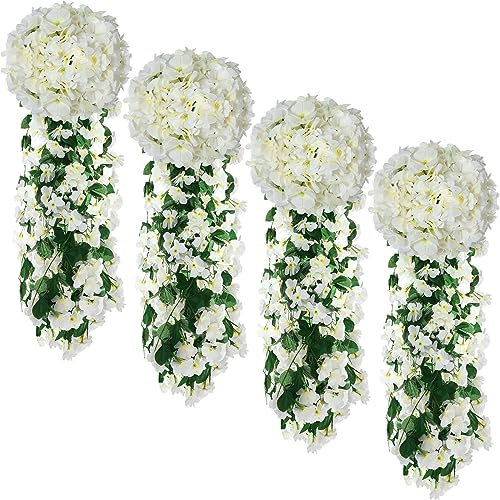 XunYee 4 Stück violette hängende Blumen, künstliche Dekoration, 5 Blütenblätter, Seide, Violett, Kunstpflanze, künstliche Orchidee für Zuhause, Garten, Hochzeit, drinnen und draußen (weiß)