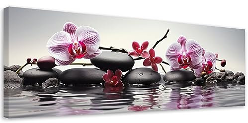Feeby Bilder Orchidee Spa Zen 150x50 cm 1 tlg Schlafzimmer Modern Vlies Leinwandbilder Bild auf Leinwand Kunstdruck Wand Wanddeko Design Wohnzimmer Büro Flur Hotel Spa Steine Kerzen Wasser Violett