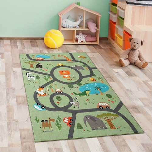 CARPETIA Teppich Kinderteppich Spielteppich Kinderzimmer Läufer modern rutschfest waschbar pflegeleicht Safari Straßenteppich grün 80 x 150 cm