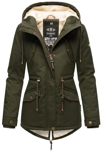 MARIKOO Damen warme Winterjacke mit kuscheliger Verstellbarer Kapuze Manolya Dark Olive Gr. XXL