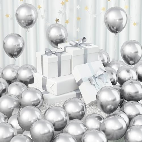 Jobkoo 60Pcs Metallic Silver Balloons 5Inch Shiny Chrome Silver Balloon Silver Metallic Party Balloons Small Silver Chrome Helium Balloons for Birthday Engagement Anniversary Wedding Party Decoration