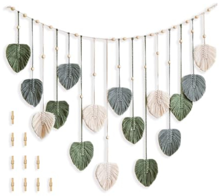 Makramee wandbehang,Boho makramee wandteppich,Mit 10 Holzklammer,Wohnzimmer,Schlafzimmer,Büro,WandDekoration(120x75cm) (Grün-1)