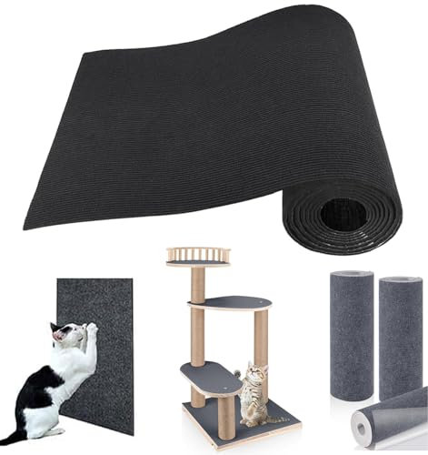 RC GearPro Trimmable Self-Adhesive Mat Cat Scratching Post Carpet Replacement Pad 78.7x15.8 Cat Scratcher Cover for Cat Tree Shelf Shelves Steps Couch Furniture Wall DIY Protector (Black)