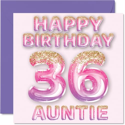 36th Birthday Card for Auntie, Pink & Purple Glitter Balloons | Happy Birthday Cards for 36 Year Old Aunt Aunty from Nephew Niece, 145mm Bday Greeting Cards Gift