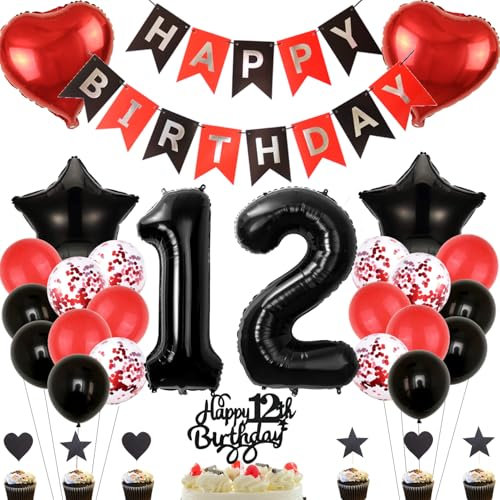 Anlgdi Deko 12. Geburtstags Mädchen, Tortendeko Geburtstag 12 Jahre Mädchen, Rot Schwarz Geburtstagsdeko 12 Jahr Mädchen, Ballon 12 Geburtstags Junge, Folienballon 12 Geburtstag Junge Dekoration