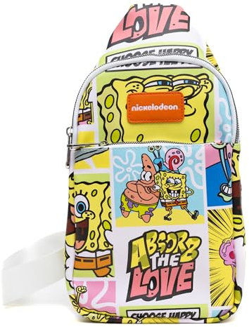 Buckle-Down Nickelodeon Umhängetasche aus veganem Leder, SpongeBob SquarePants und Friends-Figurenblöcke, 17,8 x 35,6 cm, Mehrfarbig, 7 x 14, Nickelodeon Tasche, Schlinge, Spongebob Schwammkopf und