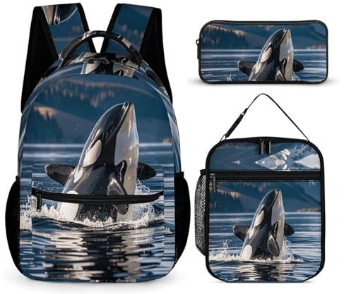 VFKLT 3-teiliges Rucksack-Set, Orca-Killer-Wal-Reisetasche, tragbar, lässig, Tagesrucksack, Sport-Rucksäcke mit Lunchbox, Federmäppchen, Orca-Killerwal, Einheitsgröße, Rucksack, Orca Killerwal,