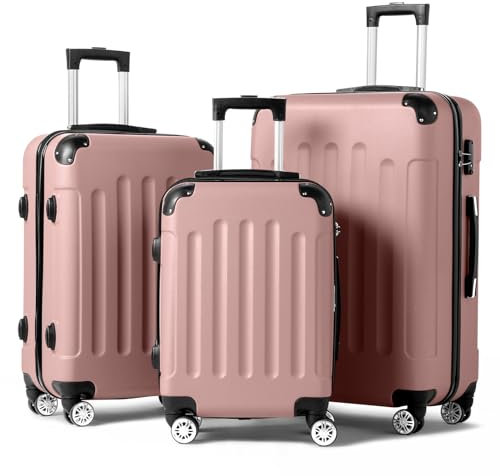 LEADZM Set de 3 Valises de Voyage (Grande Taille & Cabine), Lot de 3 Valises avec roulettes 360°, Coque Rigide ABS (avec Protection d'angle, Or Rose)