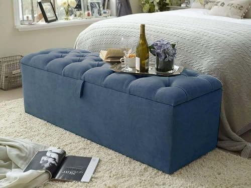 Ottoman Storage Box - Rectangular Storage Pouffe Stool Footstool with Storage - Turin Fabric Upholstered Blanket Box - End of Bed Bench Toy Storage (Blue, 6ft Super King Size)
