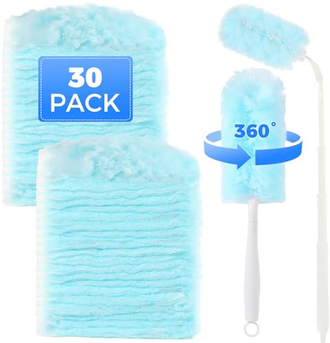 Wlich 30 Stück Staubwedel Nachfüllpackungen,360° Mikrofaser Staubmagnet Nachfüllpack mit 1 Kurzer Griff und 1 Verlängertem Griff, Staubwedel Einweg für Zuhause Büro