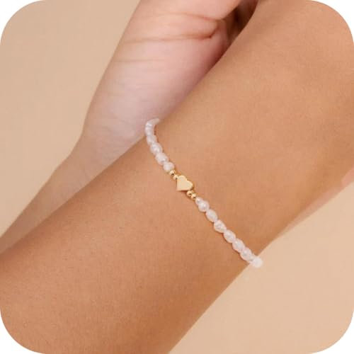WUMZIRA Damen Armband, Perlenarmband damen, Goldene Perlen Armbänder Mit Herz Anhänger, 14K Vergoldete, Eleganter Alltagsschmuck Als Kreatives Geschenk Für Frauen