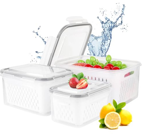 3 Pièces Boîtes de Conservation de Fruits et Légumes, Boîte Rangement Frigo, Boîtes de Conservation Alimentaire pour Réfrigérateur avec Passoires Amovibles, pour Fruits Légumes Viande Conservateur