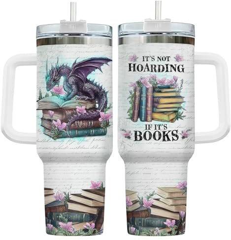 34HD Book Dragon Tumbler 40oz, Stainless Steel Coffee Mug with Handle and Straw, Fantasy Book Lover Gifts, Reading Enthusiast Cup, Funny Reader Travel Mug