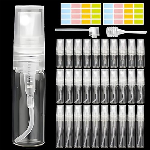 34 PCS Plastic Spray Bottles Set,Mini Travel Spray Bottles with Spring-Loaded Dropper & Perfume Separator,2/3/5ML Refillable Small Perfume Atomiser Spray Bottle with Coloured Labels (Clear)