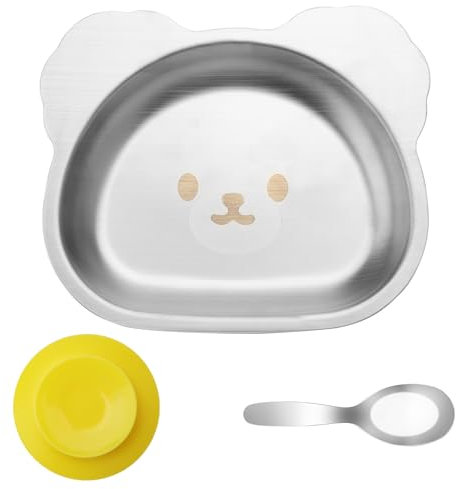 APOMOONS Plato de acero inoxidable con ventosa para bebé, plato de acero inoxidable para niños, vajilla infantil con ventosa y cuchara, diseño de mapache, con forma de animal de mapache, plato seguro