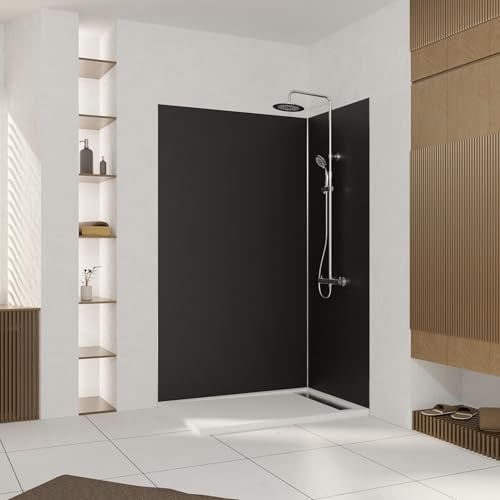 Marwell Urbanox Wandpaneel - fugenlose Aluverbundplatte als Duschrückwand & Küchenrückwand (Schwarz, 90 + 120 x 210 cm inkl. Profil schwarz)