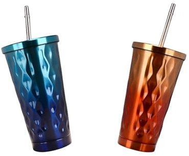getuse Gobelet à café isotherme en acier inoxydable avec couvercle et paille pour boissons chaudes et froides, design étanche, 500 ml, bleu et orange