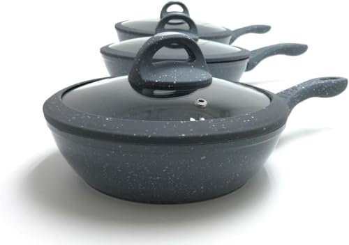Tris padelle Bavaria in pietra lavica antiaderenti 3 Padelle + 3 Coperchi Pietra Lavica 20-24-28cm, Padelle Pietra Lavica, Adatto a piano a Gas e a Induzione, Padelle e Coperchi (Grigio)