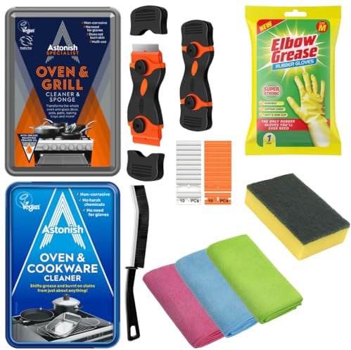 Alimos Oven Cleaning Kit – Oven & Grill Cleaner, Cookware Cleaner, 3 Microfibre Cloths, Non-Scratch Scraper, Cleaning Sponge, Extra Strong Rubber Gloves (M)