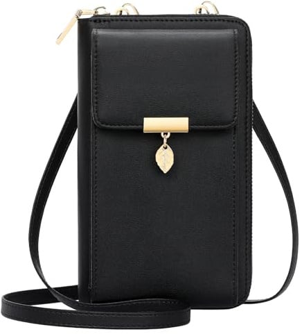 ENONEO Borsa a Tracolla per Cellulare Portafoglio Donna Vera Pelle con 12 Slot per Carte e Scomparti Borsa Porta Cellulare Tracolla Piccola con Portamonete Cerniera e Cinghia a Mano (Nero)