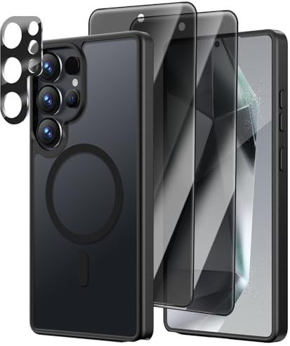 [4 in 1] Magnetic for Samsung Galaxy S24 Ultra Case, 2 Pics Privacy Screen Protectors and 1 Pic Camera Protector, Fit for MagSafe, Military Grade Shockproof Translucent Matte S24 Ultra Cover, Black
