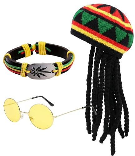XDGBGFN 3 Stück Dreadlocks Perücke Dreadlocks Mütze Set Hippie Kostüm Zubehör mit Reggae Hut, Gläser, Zubehör für Erwachsene Cosplay, Karneval, Mottoparty, Maskerade