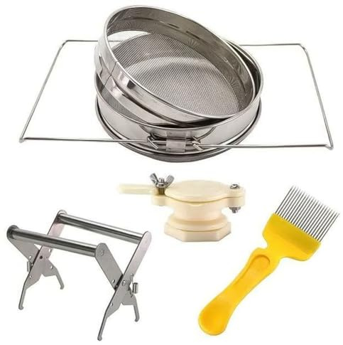 MeevrgR Doppelsieb Honig Extraktionsset mit Rahmenhalter, Entschließer & Honigschieber für Imker, 4-teiliges Set aus Edelstahl und Nylon