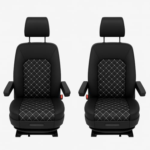 Generisch Sitzbezüge für VW T5 mit Zwei Einzelsitzen vorne Schwarz mit weißen Nähten - Schonbezüge für Fahrersitz und Beifahrersitz - Kunstleder Sitzschoner Set 1+1 - fahrzeugspezifische Passform