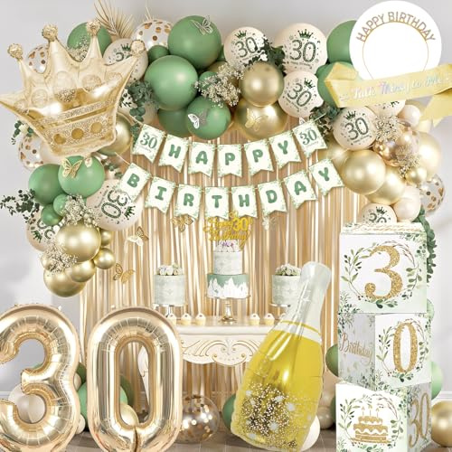 Salbeigrün Gold 30 Geburtstag Deko Frauen, 30 Jahr Geburtstags Frauen Deko, Happy 30th Birthday Banner, Schärpe, Luftballons 30. Geburtstag Box, Dekorationen 30. Geburtstagsfeier Frau