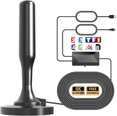 Antenne TV intérieur, Antenne TV Intérieur Puissante TNT HD, Antenne TNT Intérieur Amplifiée pour Téléviseur Intelligent, Antennes TNT 4K 1080P pour Chaînes Locales, Base Magnétique, Câble 3m (Black)