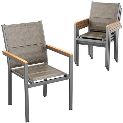 LIFERUN Gartenstuhl 4er Set, Alu, mit Gesteppte Rückenlehne & Sitzfläche, Stapelbarer Esszimmerstuhl, WPC Handlauf, Balkonstühle, für Terrasse, Balkon, Terrasse, Pool, Restaurants, Leinenbraun, 4 PCS