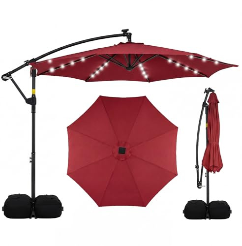 COSTWAY Sombrilla Terraza Exterior con Base, Parasol Excentrico con 32 Luces LED, Rotación de 360°, Manivela, Sacos de Arena, Sombrilla Jardín Grande para Patio Terraza (300 x 300 cm(con Luz),Vino)